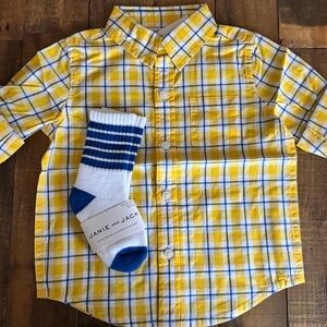 Janie and Jack Yellow and Blue Plaid Button Down Shirt 18-24M and 12-24m socks